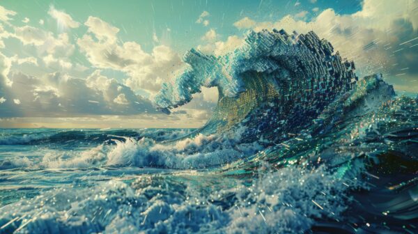 Pixel sea becoming a wave, representing sudden and massive influx of big data. Data mining visualization.