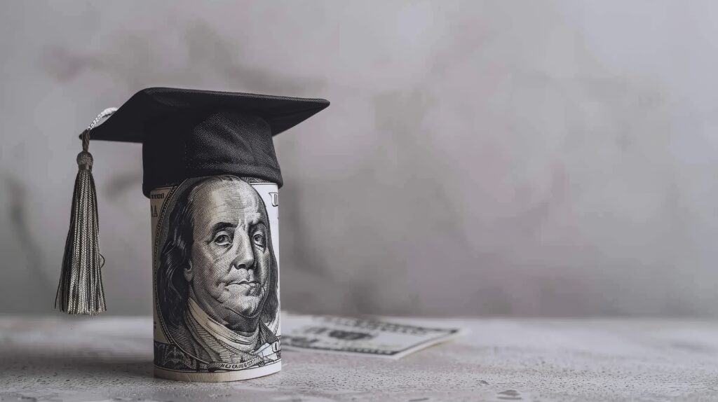 Twenty dollar bill with graduation cap.