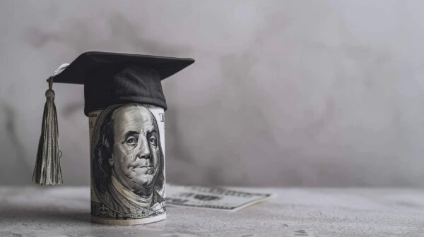 Twenty dollar bill with graduation cap.