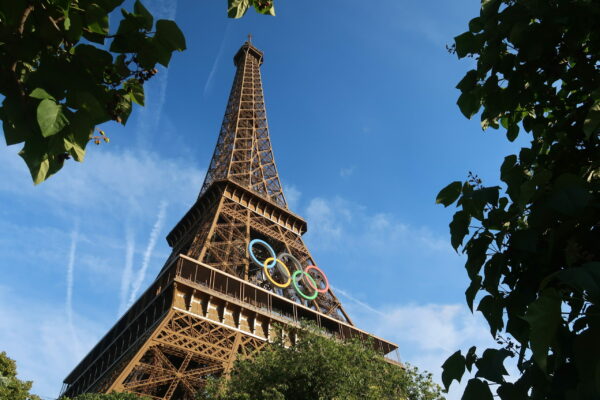 A picture of the Eiffel Tower with the Olympic Rings prominently displayed.