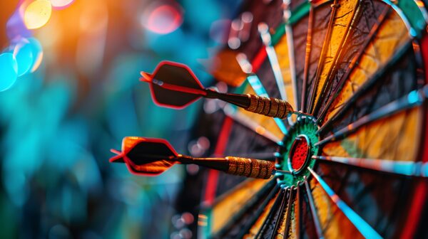 Two darts in the center of the target dartboard on a colorful background