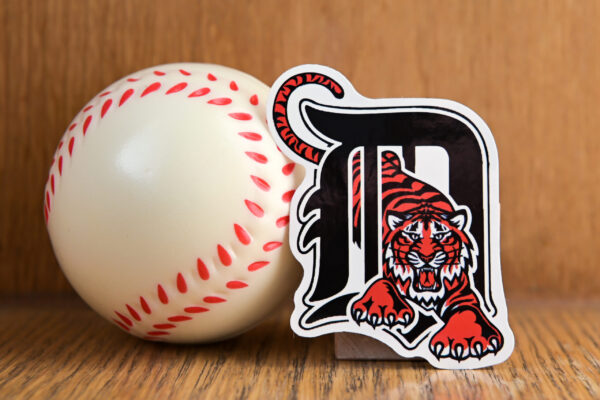 July 19, 2022, Cooperstown, New York. The emblem of the Detroit Tigers baseball club and a baseball.
