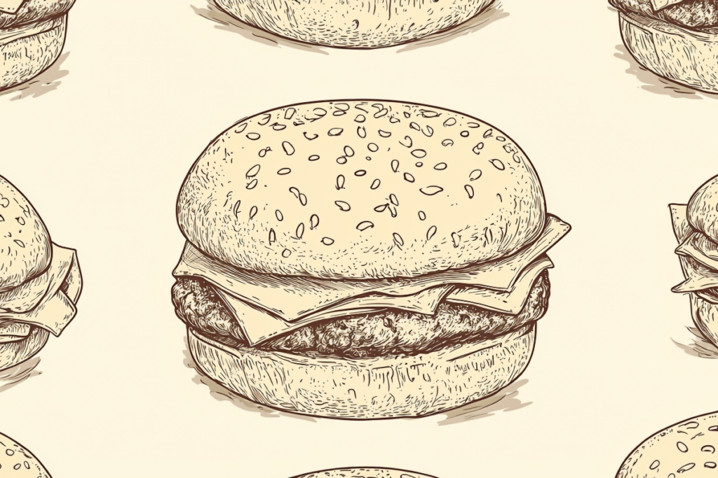 Classic hand-drawn illustration of a burger featuring sesame seed bun and cheese layer