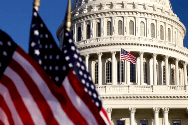 US Capitol dome with American flags in foreground