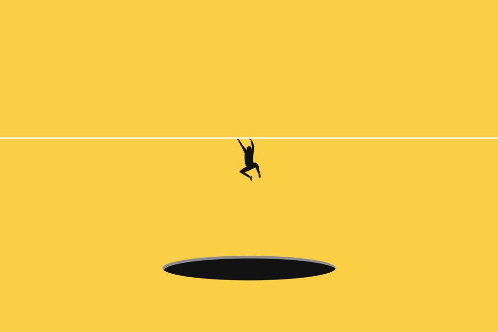 Crisis vector concept with businessman levitating and trying do not fall to abyss.