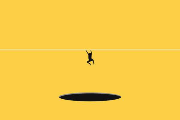 Crisis vector concept with businessman levitating and trying do not fall to abyss.