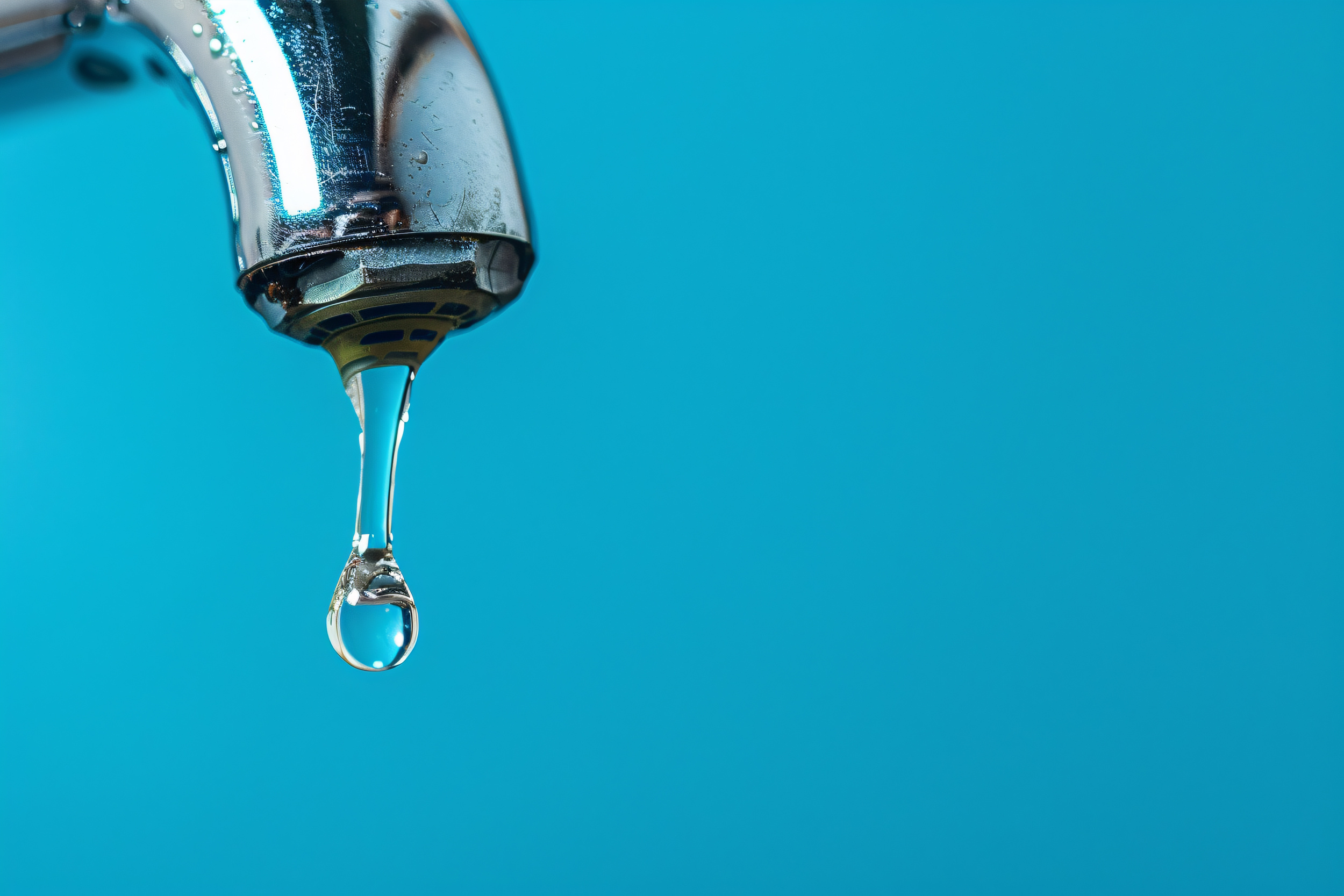 Drop of water coming out of water tap on blue background with copy sapce