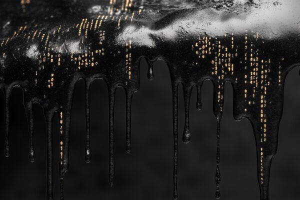 Data leak concept, dripping binary code, liquid effect illustration, grayscale. Isolated on white background.