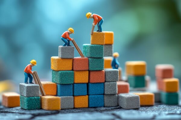 Artistic Portrayal of Collaborative Business Growth Process with Tiny Characters Building Blocks