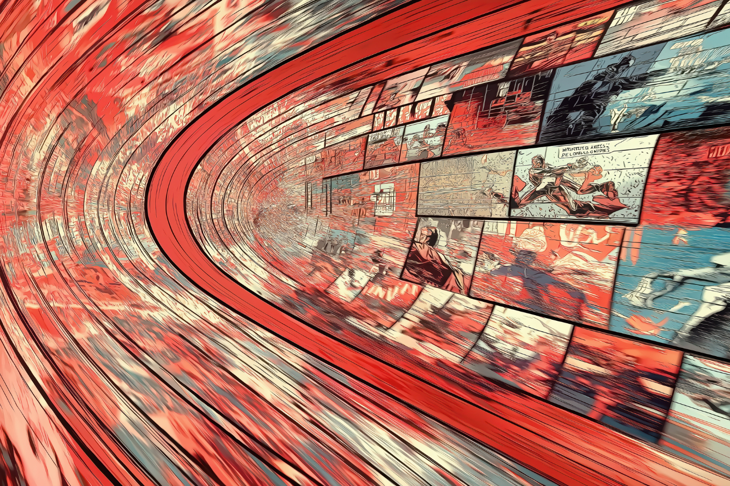 Dynamic comic book tunnel with action-packed panels in vivid colors
