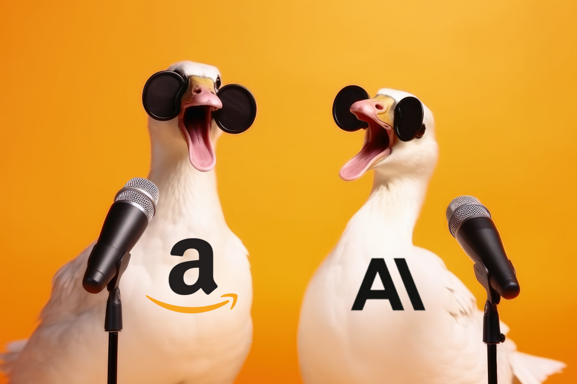 Two white goose singing a song with amazon and anthropic logos on them.