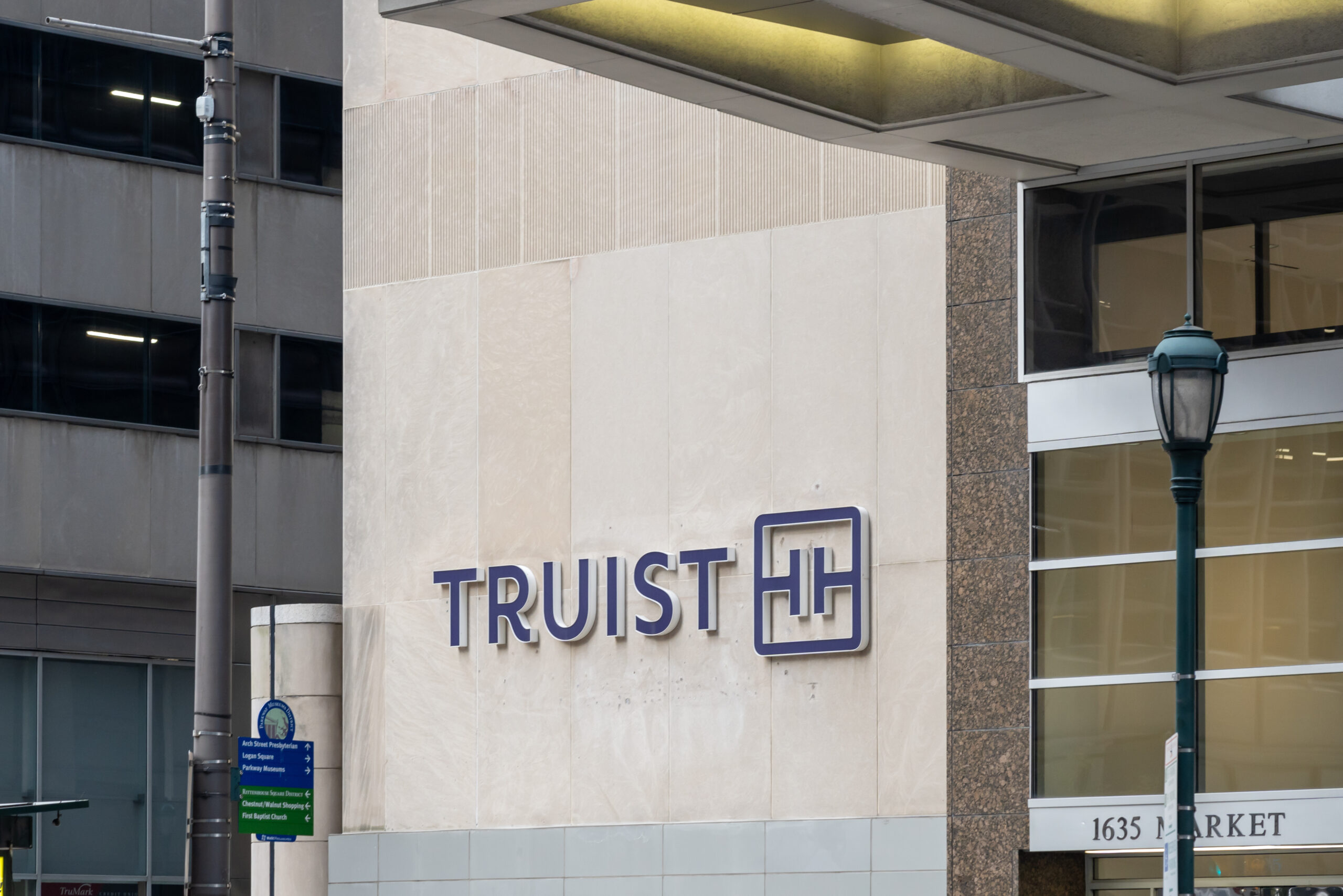 A Truist bank branch in Philadelphia, PA, USA, November 4, 2023. Truist Financial Corporation is an American bank holding company formed as the result of the merger of BB and T and SunTrust Banks.