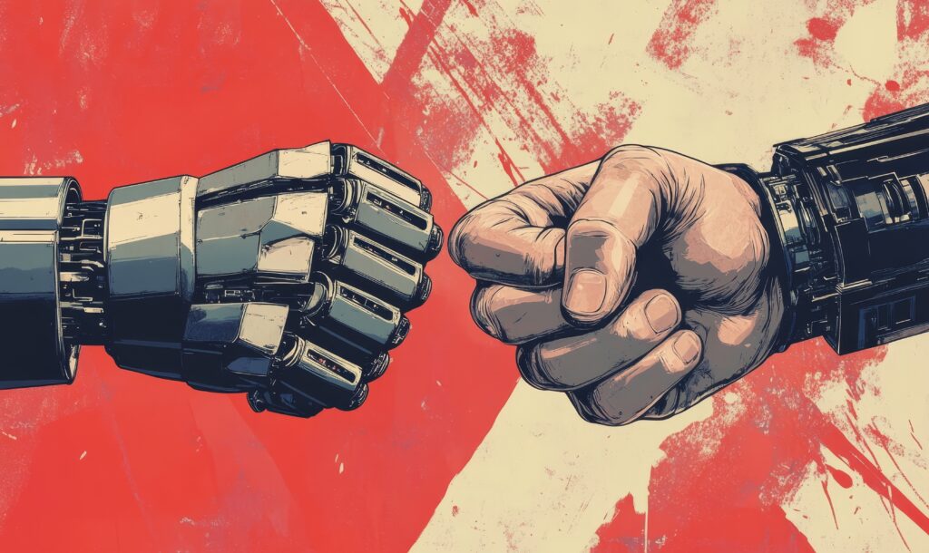 Human Hand and Robot Hand Making Fist Bump Symbolizing Human-Robot Collaboration, AI and Technology Integration in a Futuristic Setting, Generative AI