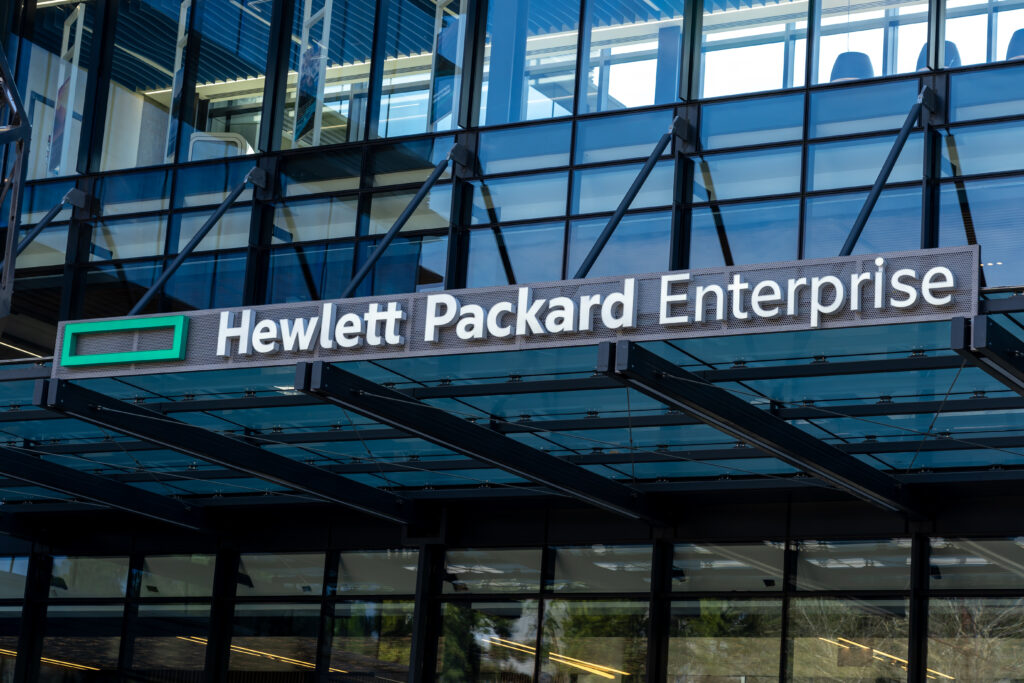 Houston, Texas, USA - March 2, 2022: Closeup of Hewlett Packard Enterprise sign above the entrance to office building, an American multinational enterprise information technology company.