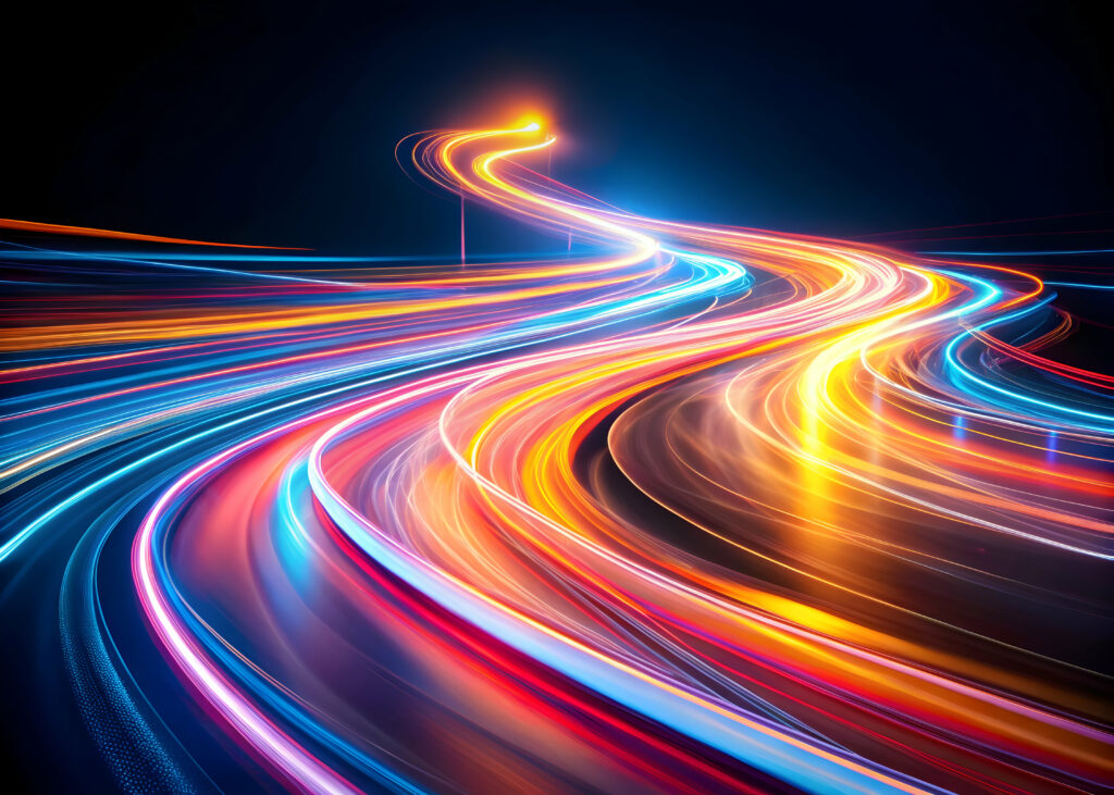 Licensed Neon Trails of Progress: A vibrant, abstract illustration of light trails streaking across a dark backdrop, symbolizing the journey towards innovation and success.
