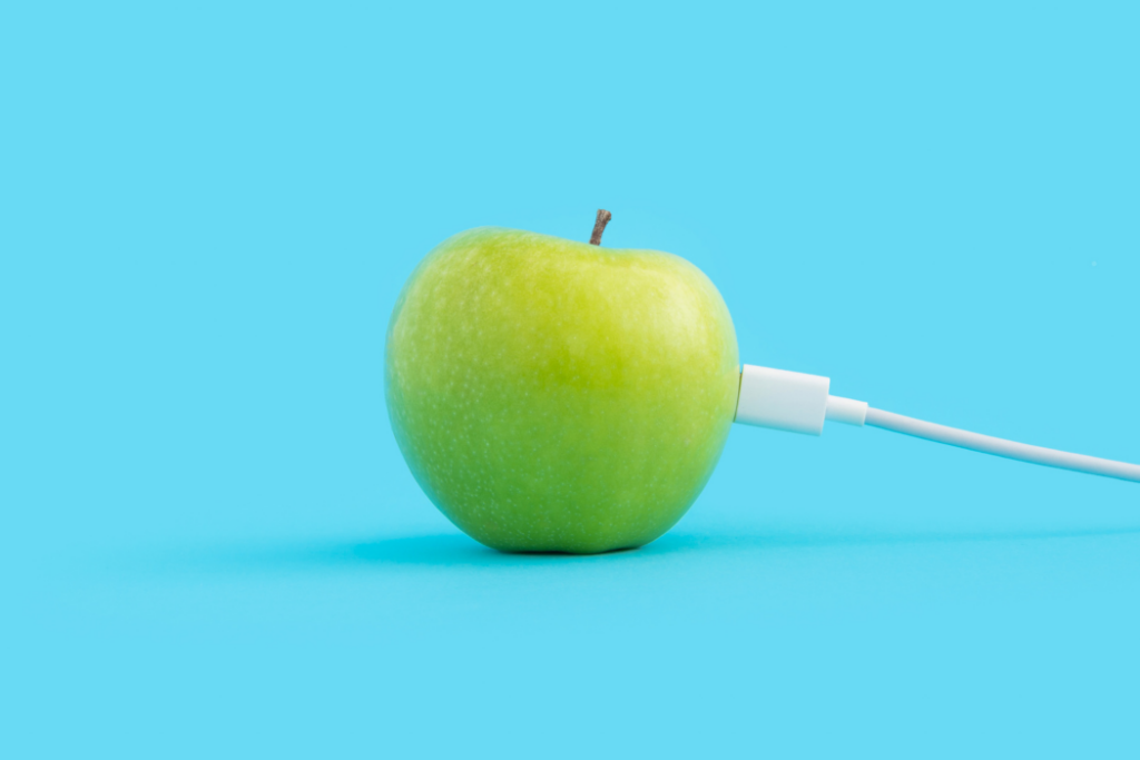 Creative food concept with apple and usb cable on pastel blue background