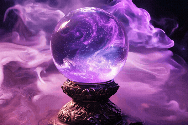 A magical crystal ball radiates a glowing purple aura, surrounded by swirling mist.
