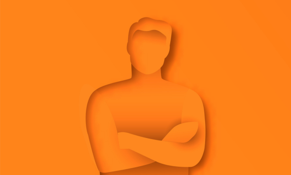 Orange Paper silhouette of a man with his arm crossed in front of his chest.