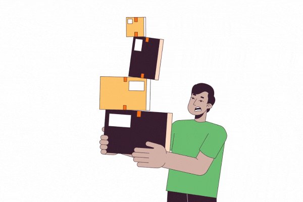 Troubled indian guy carrying unsteady boxes line 2D character animation. Stressed flat color cartoon 4K video, alpha channel. Parcels holding south asian man animated person on white background