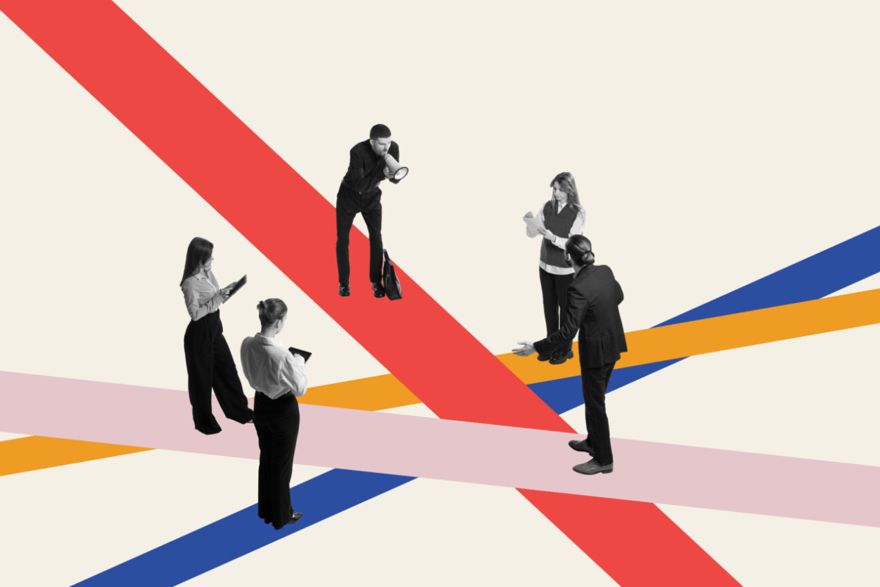 Employees standing on multicolored lines, engaged in discussions and debates, symbolizing dynamic exchange of ideas. Contemporary art collage. Concept of business, teamwork, critical thinking