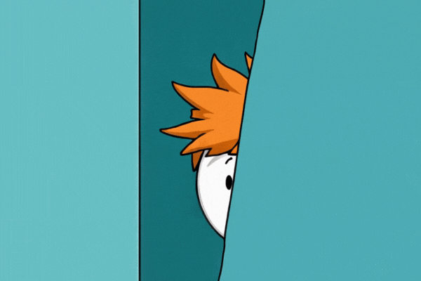 00:00 / 00:10 1x Licensed Save to Library Find Similar File #: 940230264 Simplistic cartoon character peeks around turquoise wall. White figure with orange hair shows surprised expression, embodying curiosity and hesitation.