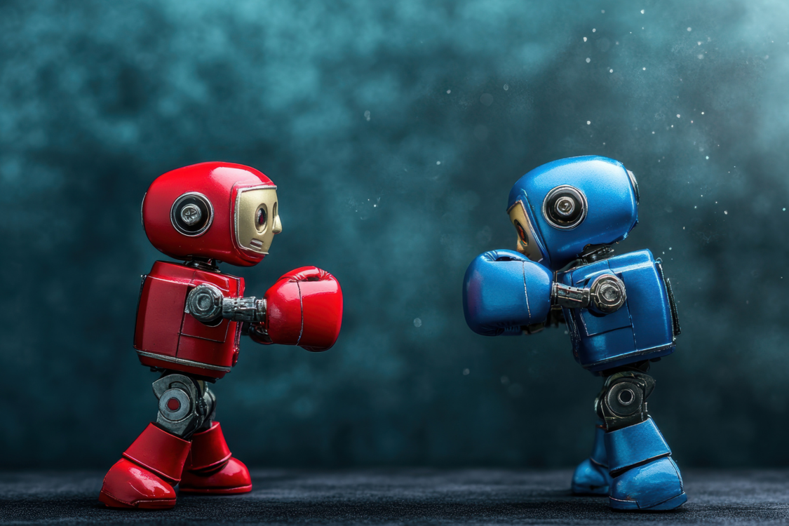 Licensed Two charming vintage-style robots, one red and one blue, face off in a whimsical boxing match, showcasing playful competition and imaginative design against a vibrant background.