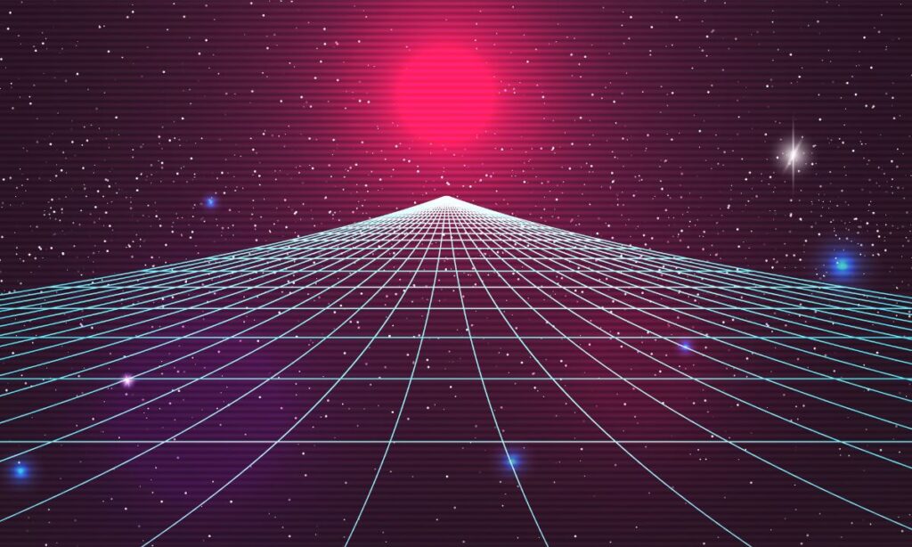 Synthwave sunset backround. Retro future 80s backdrop. Perspective grid, sun, dark starry sky. Futuristic sci-fi virtual scene. 3d computer abstract style.