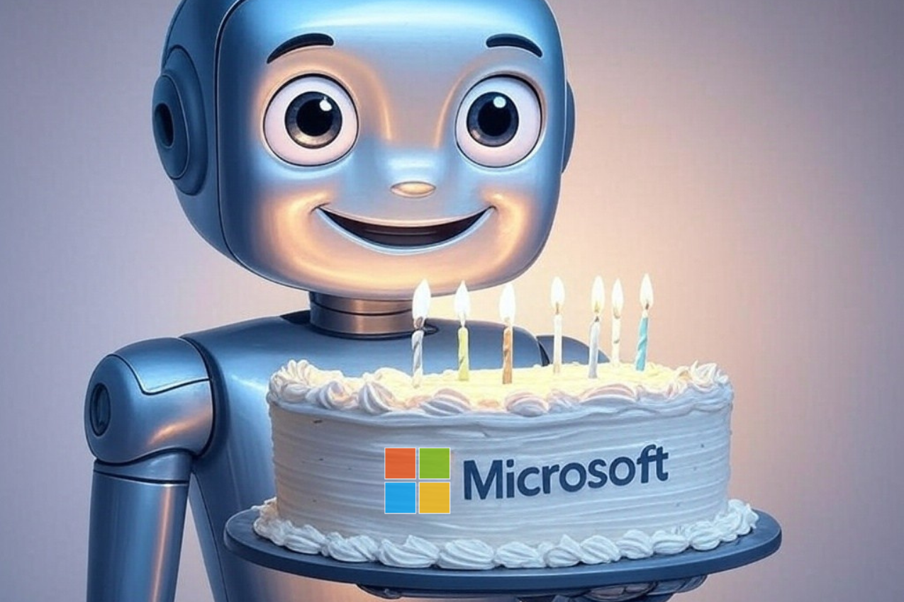 Robot holding a microsoft birthday cake