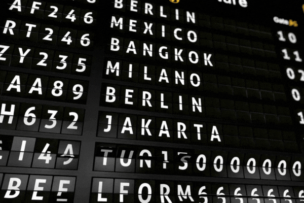 3D generated animation, analog flight information display board with the arrival city of Seattle, 4 different animations