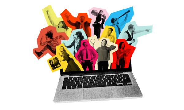 Contemporary art collage. Business people in vibrant blocks emerging from laptop. Dynamic online teamwork. Concept of business development and collaboration, teambuilding
