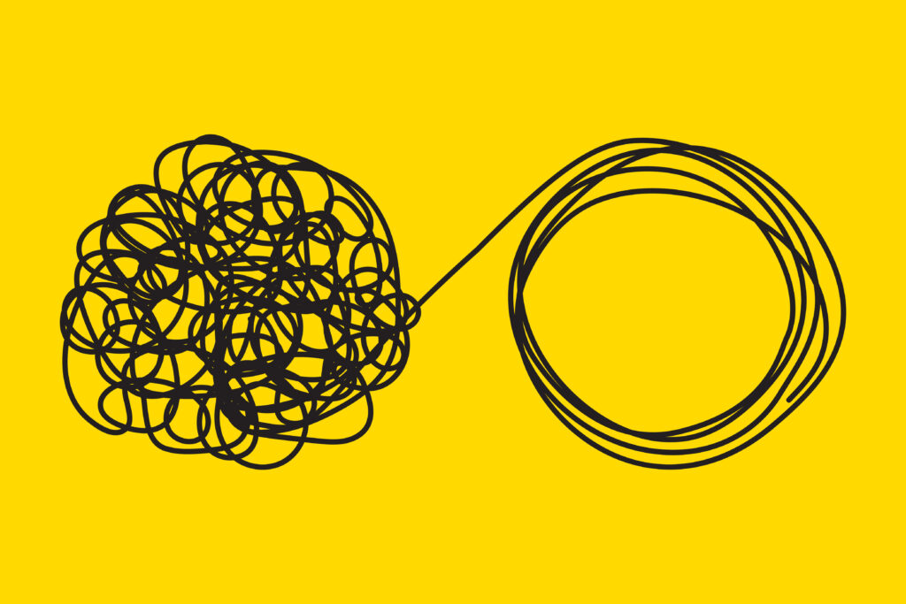Tangled and unraveled tangle. Metaphor of problem solving, difficult situation, chaos and mess. Vector illustration
