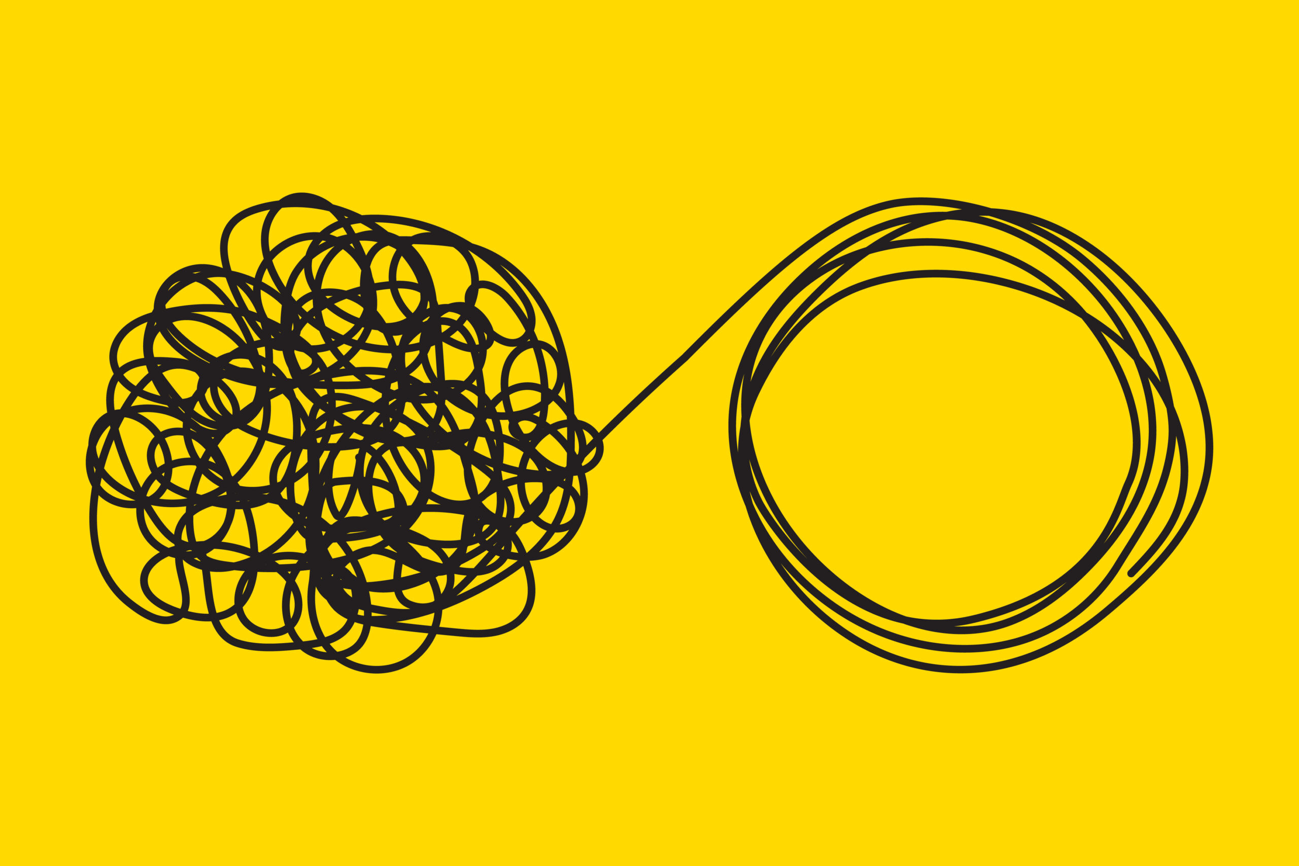 Tangled and unraveled tangle. Metaphor of problem solving, difficult situation, chaos and mess. Vector illustration