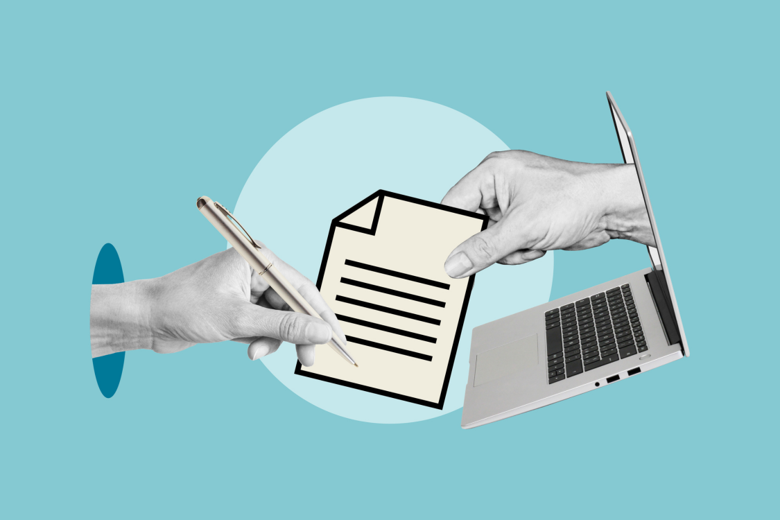 Electronic signature, online agreement and digital signature are shown by hand with a document and the hand with the pen