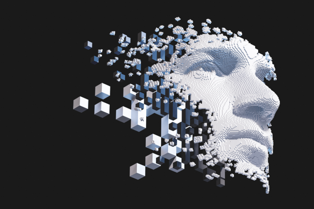 Abstract digital human face. Artificial intelligence concept of big data or cyber security. 3D illustration