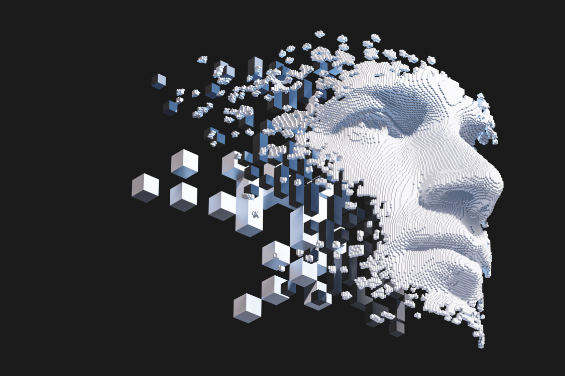 Abstract digital human face. Artificial intelligence concept of big data or cyber security. 3D illustration