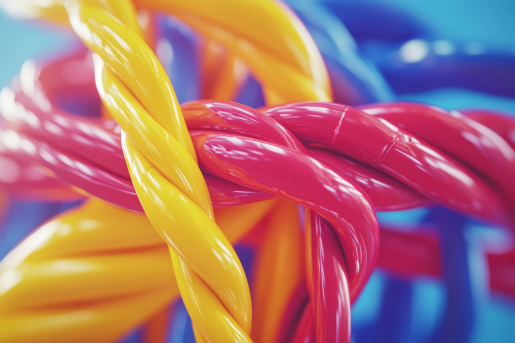 Close up of colorful coiled cables symbolizing flexible connectivity options for modern devices and network setups