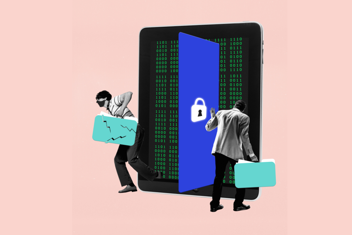 Contemporary art collage. Two figures with folders sneak through open door in giant tablet with binary code, illustrating hacking and unauthorized data access. Concept of safety in Internet, hacking.