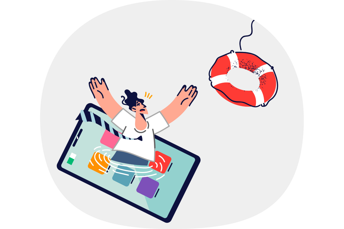Lifeline for digitally addicted man drowning in mobile phone display due to procrastination. Help for digitally addicted businessman to increase work efficiency and speed up task completion
