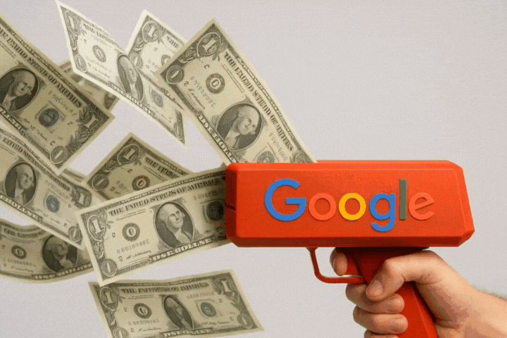 Google money gun shooting out cash.