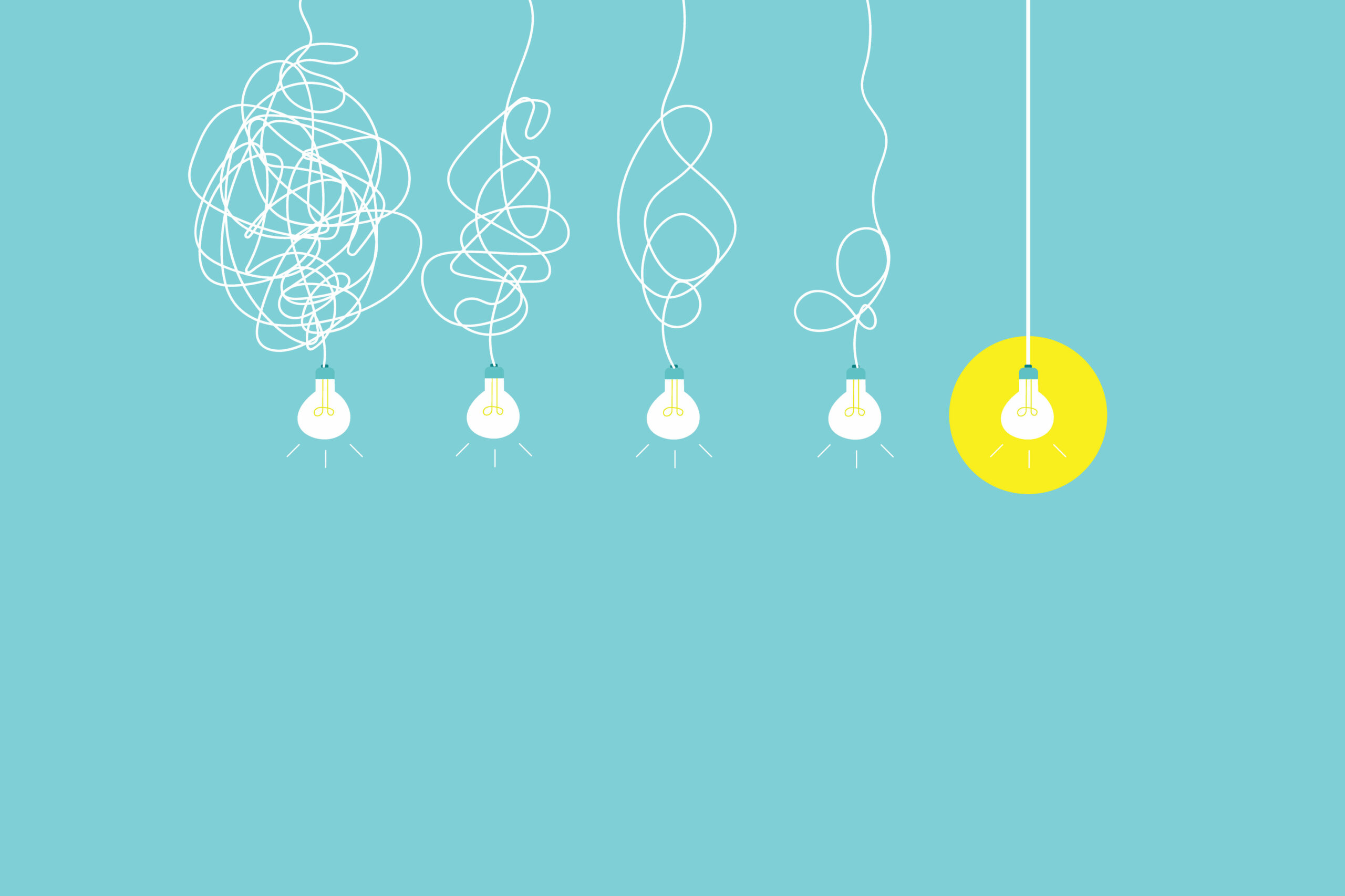 Simplifying the complex, confusion clarity or path vector idea concept with lightbulbs. Simplification streamlining process, straight and curve vector illustration.