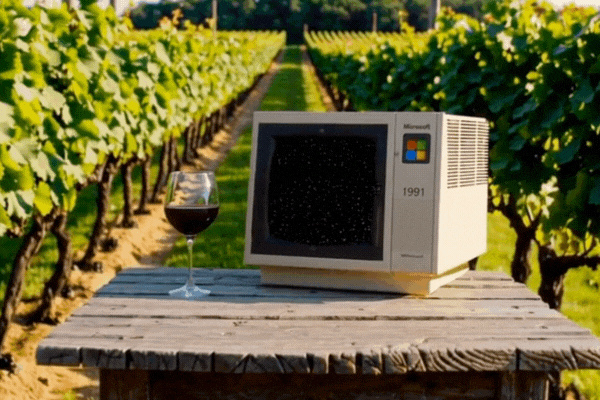 Microsoft computer in a vineyard with a glass of wine.