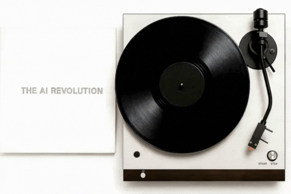 "The AI Revolution" designed like The Beatles White Album on a spinning record