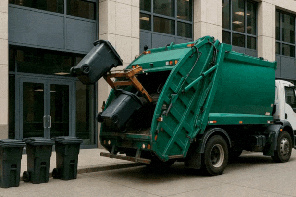 A a garbage truck taking out the trash from an office building