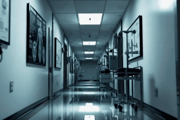 Hospital hallway with red alarm going off.