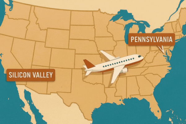 Plane flying from Silicon Valley to Pennsylvania