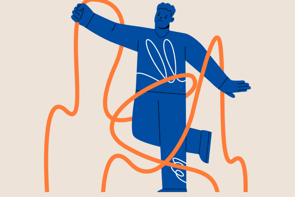 Man is entangled with rope. Concept of entanglement in life. Colorful vector illustration