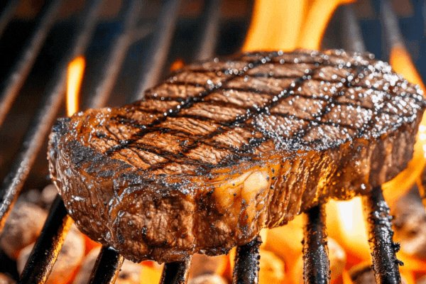 The beef ribeye steak sizzled on the flaming grill, its juices dripping onto the fiery coals below as the aroma of charred meat filled the air