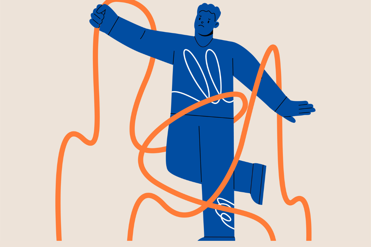 Man is entangled with rope. Concept of entanglement in life. Colorful vector illustration