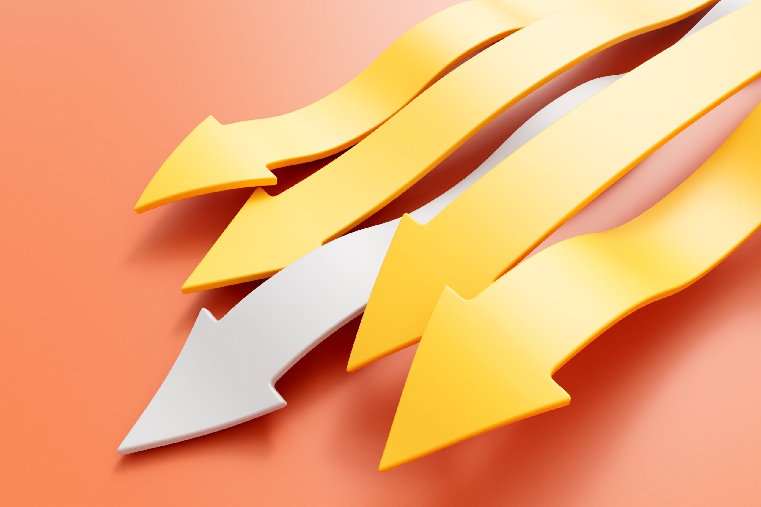 Arrows moving in the same direction with one standing out. Business strategy and leadership. 3D Rendering
