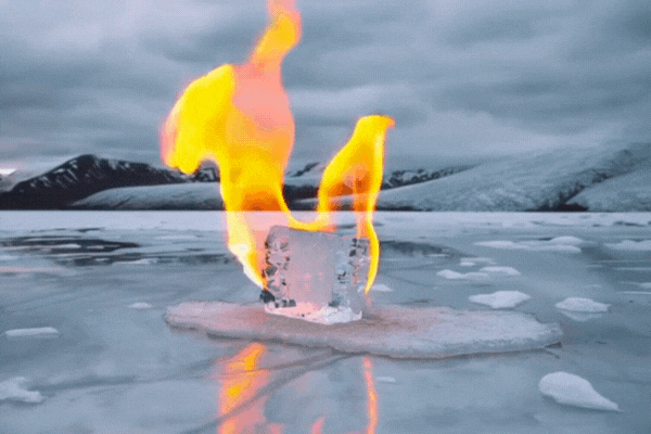A melting ice cube on fire